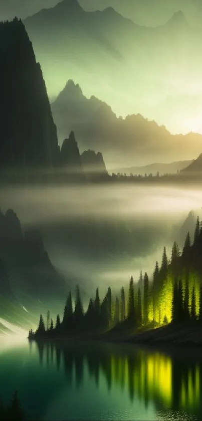 Mystical green mountain landscape with a serene lake and soft lighting.