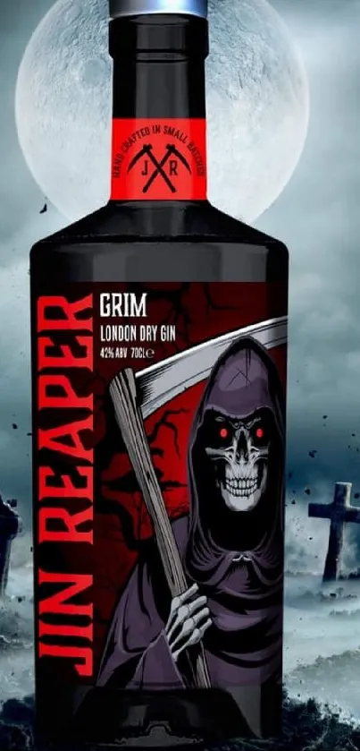 Grim Reaper gin bottle on a moonlit graveyard background.