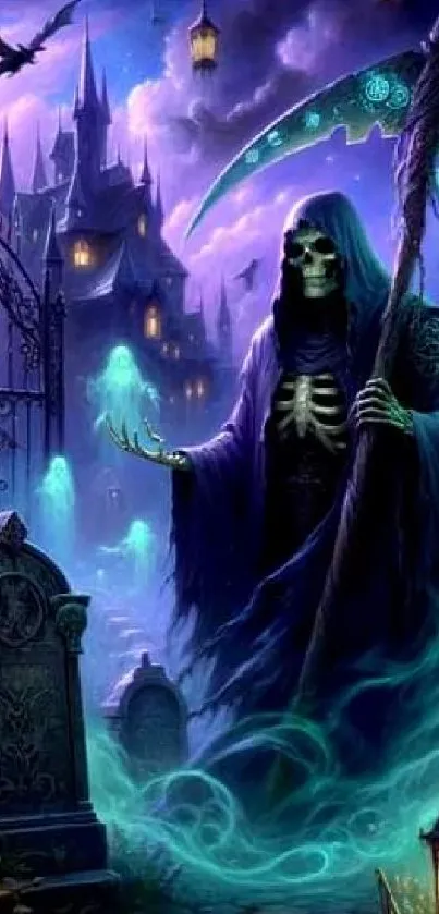 A mystic Grim Reaper with glowing blue aura and gothic scenery.