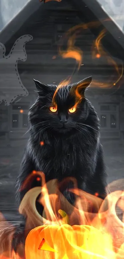 Black cat with glowing eyes, a pumpkin, and spooky Halloween background.