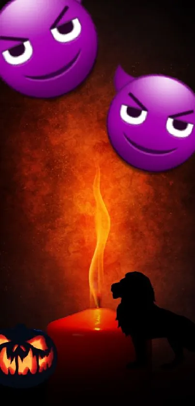 Mystic Halloween wallpaper with emojis and candle glow.