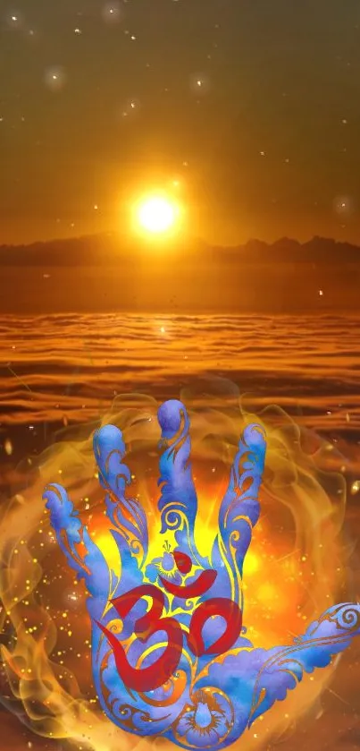 Mystical blue hand with Om symbol against sunset.