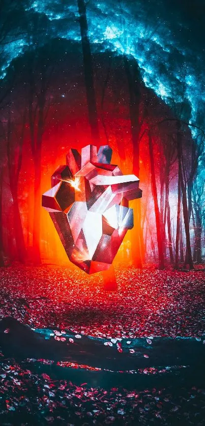 Geometric heart glowing in a mystical forest setting.