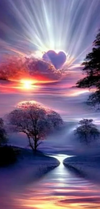 Mystical landscape with a heart-shaped sunset and trees.