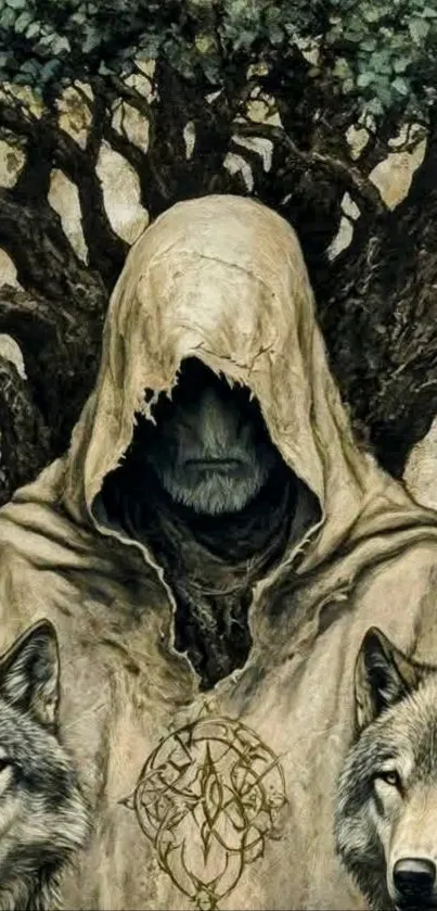 Hooded figure with wolves in forest backdrop