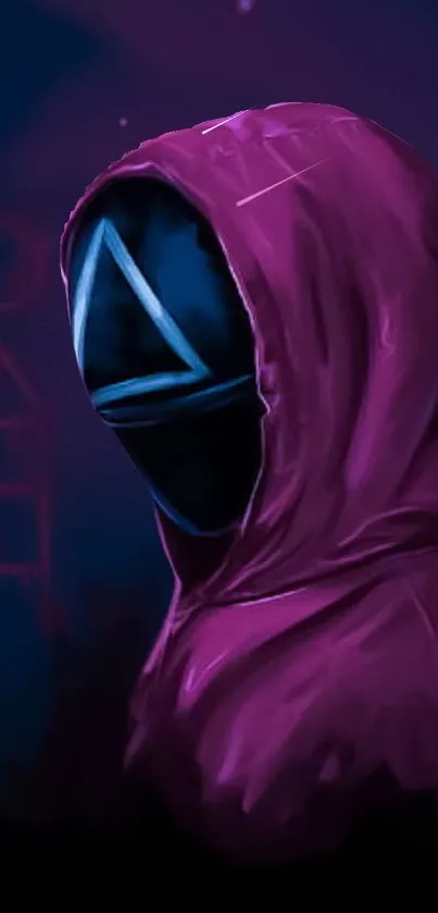 Hooded figure in magenta with cryptic symbols in a digital art wallpaper.