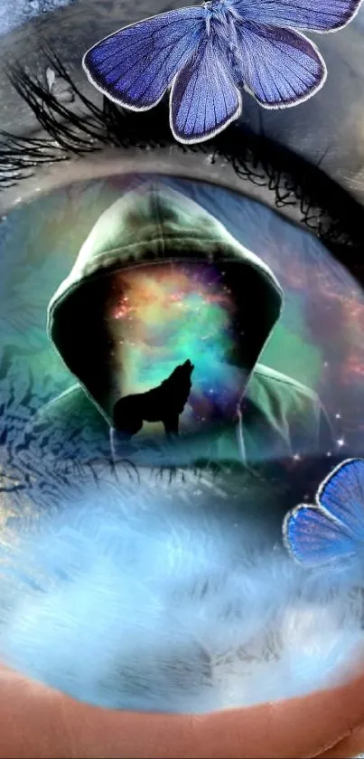 Hooded figure with cosmic landscape, butterflies, and wolf silhouette wallpaper.