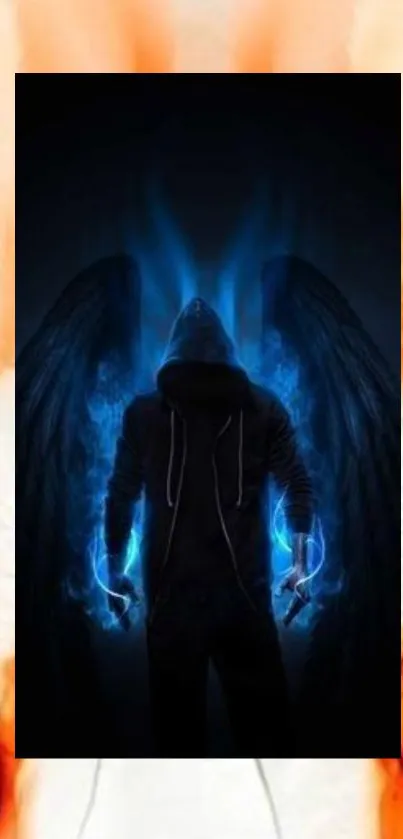 Hooded figure with blue wings mobile wallpaper.