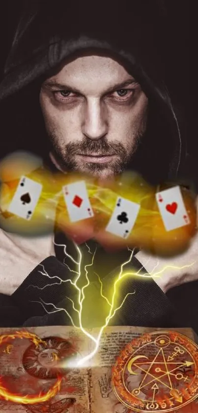 Hooded figure with magical symbols and lightning, casting spells over a book.