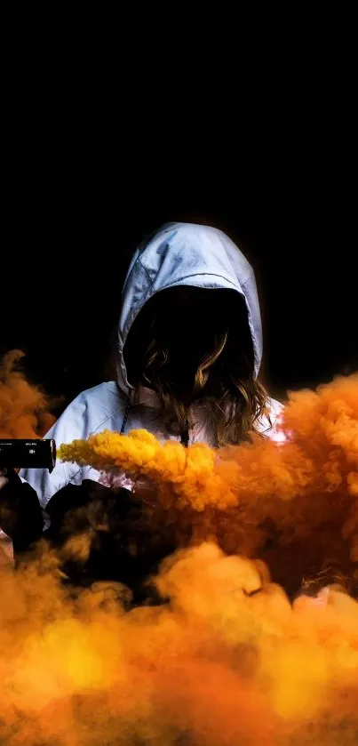 Hooded figure surrounded by vibrant orange smoke on a dark background.