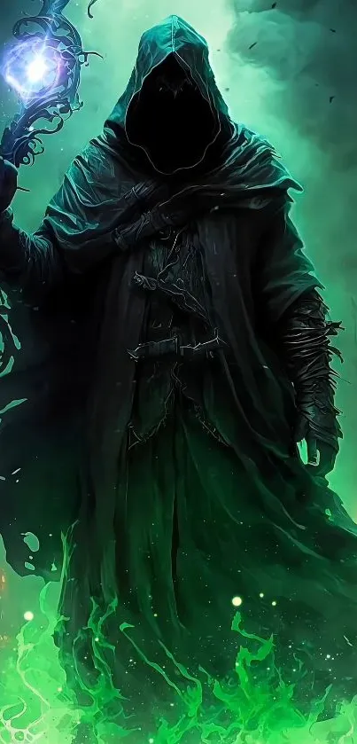 Hooded figure with glowing green staff in a mystical, dark setting.