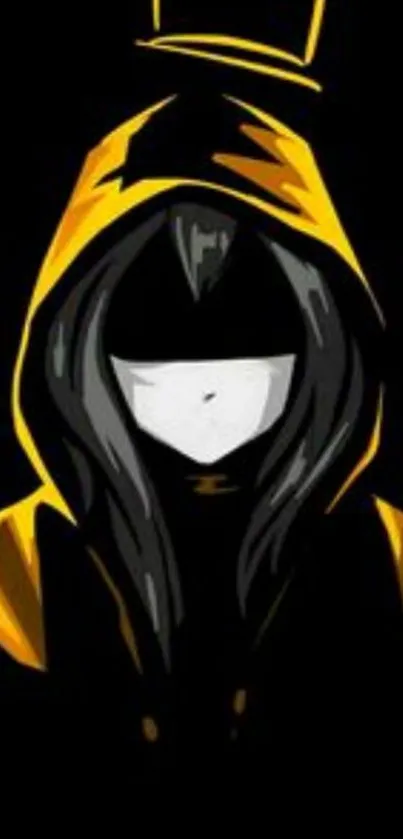 Mystic hooded figure with yellow crown on black background.