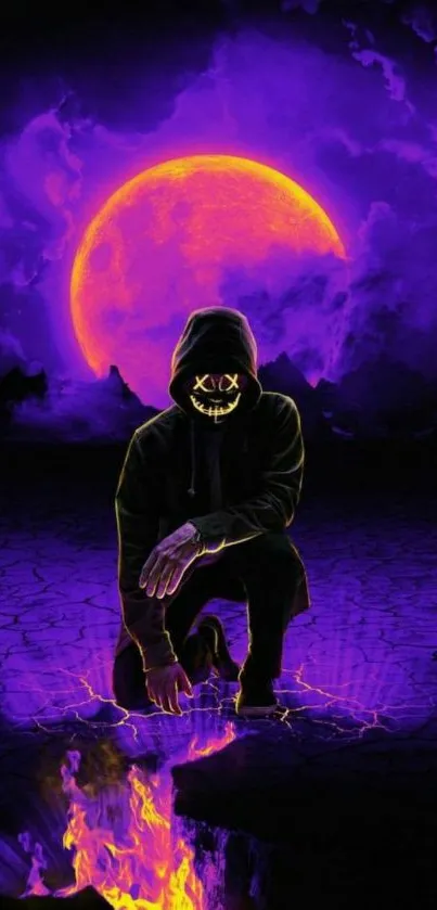 Hooded figure in neon glow under a vivid purple moon.