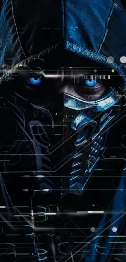 Hooded warrior with a mask gazes intensely with glowing blue eyes.