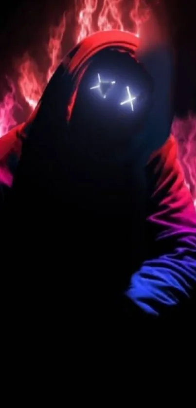 Hooded figure with glowing eyes, dark background with vibrant colors.