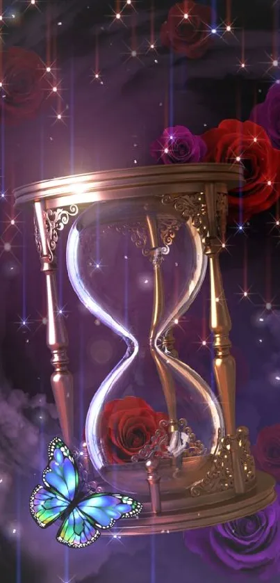 Mystical hourglass with butterfly and roses on dark background.