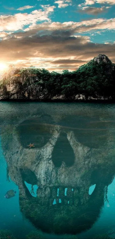 Island with skull reflection under a sunset sky.
