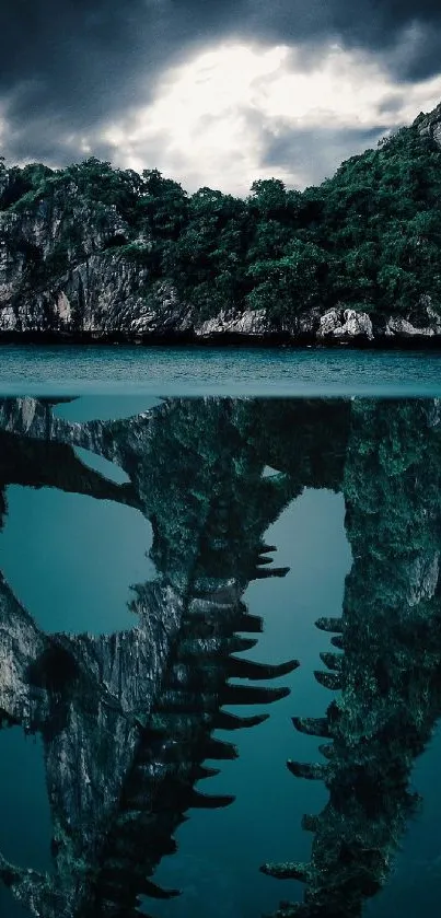 Island landscape with a skull reflection on water, dramatic sky, and lush greenery.