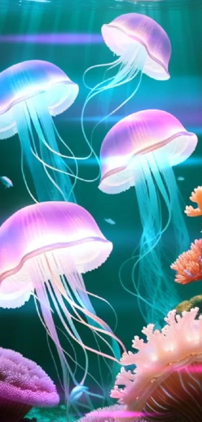 Vibrant jellyfish swim among corals underwater.