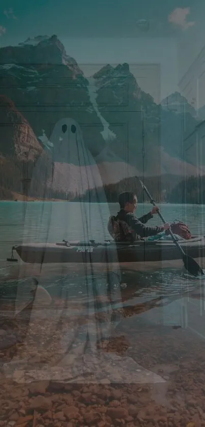 Kayaking on a mystical lake with ghostly overlay.