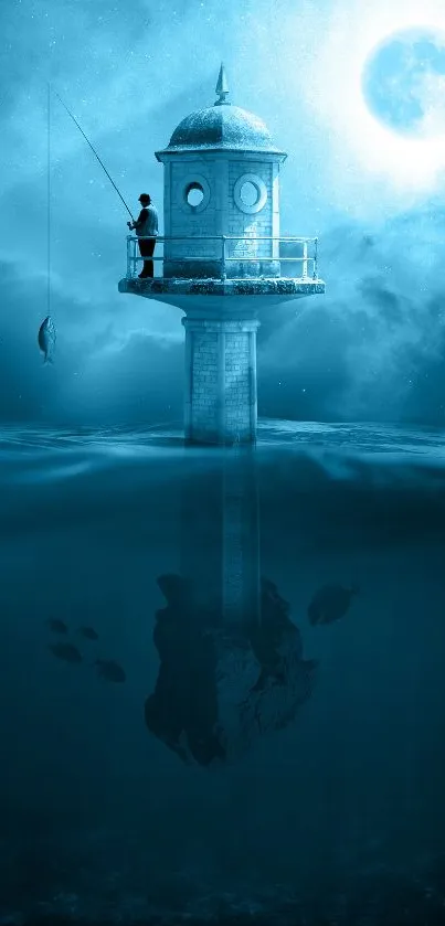 Lighthouse with fisherman at night under full moon and ocean.