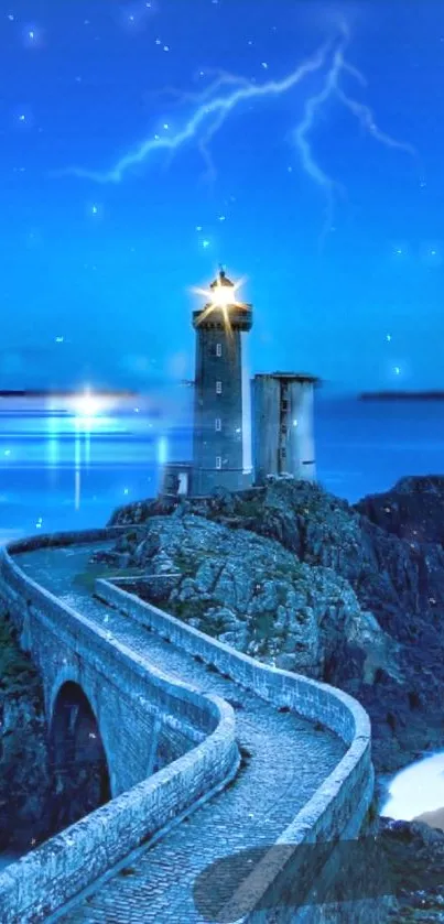 Mystical lighthouse under a starry night sky with ocean view.