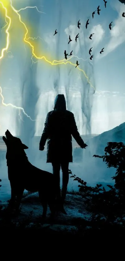 Silhouette of person and wolf under lightning in wilderness.