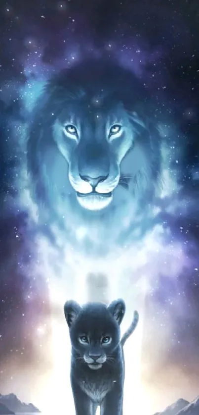 Mystical lion and cub with cosmic background in purple hues.