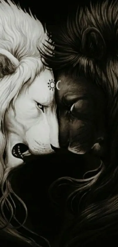 Mystical black and white lions artwork, symbolizing balance.