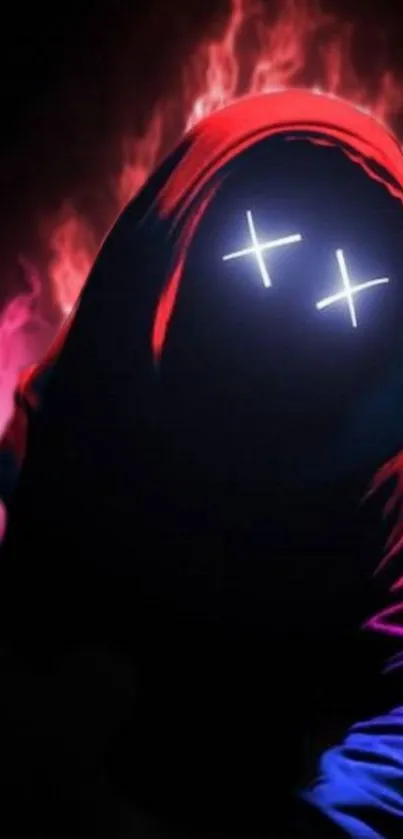 Hooded figure with glowing eyes and red flames in the background.