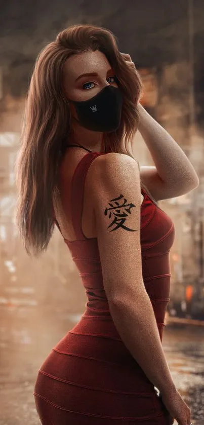 Mask-wearing woman with tattoo in urban background.