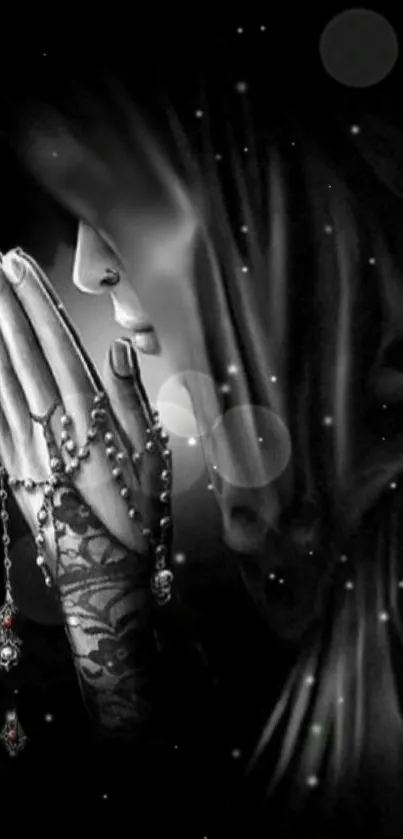 Mystic black and white wallpaper with serene praying figure wearing jewelry.