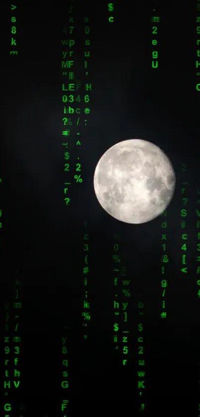 Moon with green matrix code on a dark mobile wallpaper.