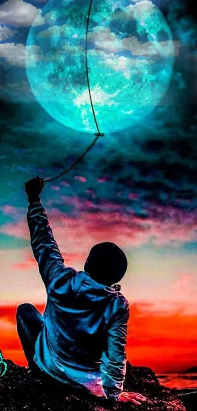 Person reaching for a glowing moon in a vibrant night sky.