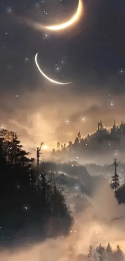 Mystic forest wallpaper with glowing crescent moons and starry night sky.