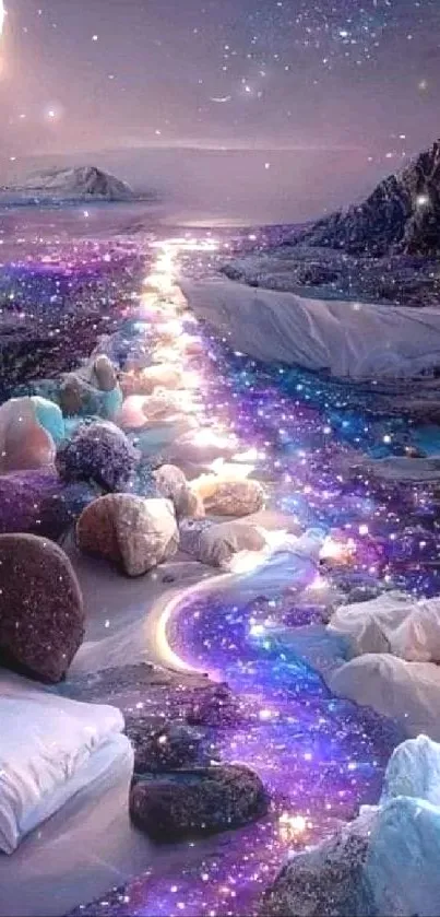 Mystic moonlit galaxy path with stars.