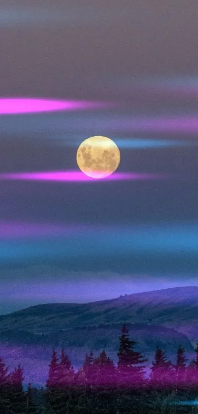 Mystical moonlit landscape with purple and blue hues.