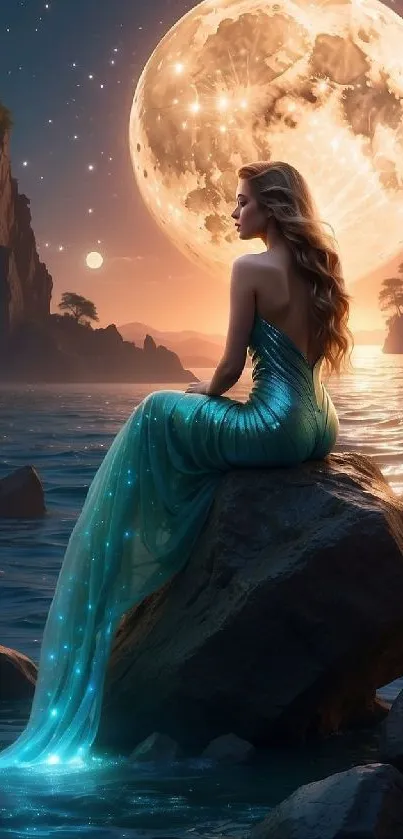 Mermaid in a shimmering dress under a glowing full moon on the ocean's edge.