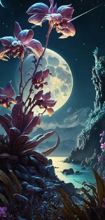 A mystical mountain scene with flowers under a full moon and starry sky.