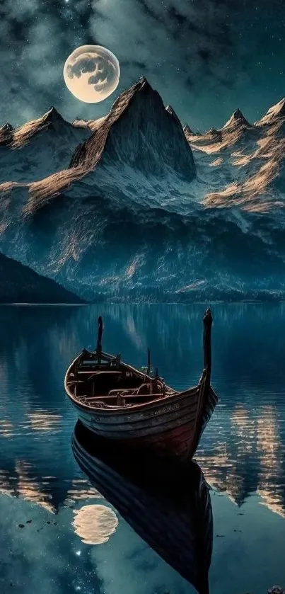 Moonlit mountain scene with boat reflection on a calm lake under a starry night sky.