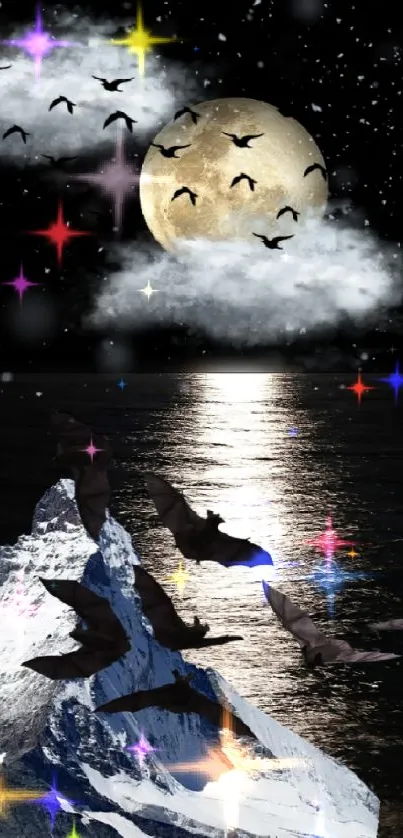 Moonlit mountain with birds and reflective waters under a dark night sky.