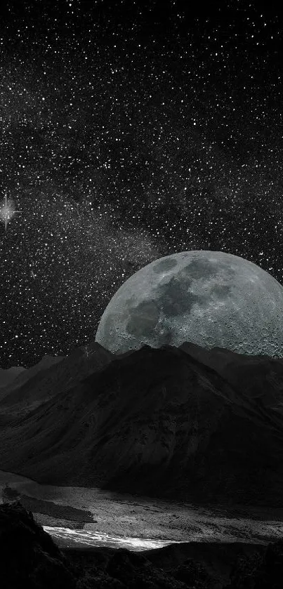 A serene moonlit mountain with a starry night sky background.