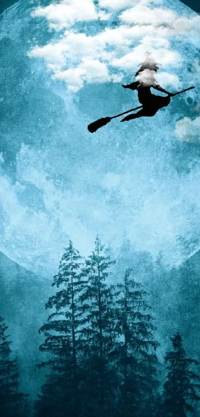 Silhouette of a flying witch against a full moon in a dark forest scene.