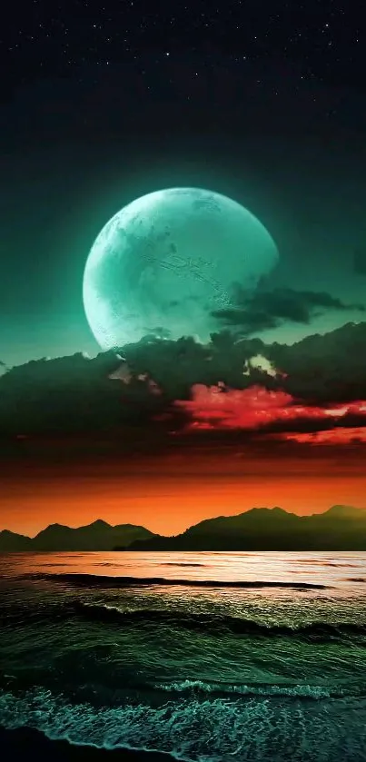 Moonlit ocean view with vibrant colors and dramatic clouds.