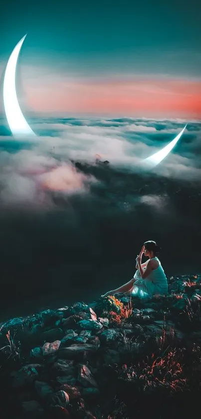 Person sitting under a crescent moon in a cloudy sky at dusk.