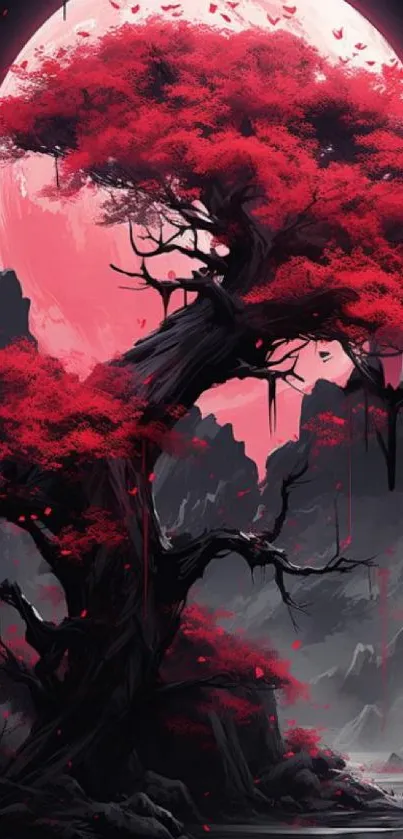 Mystic tree with red foliage under a full moon in scenic landscape.