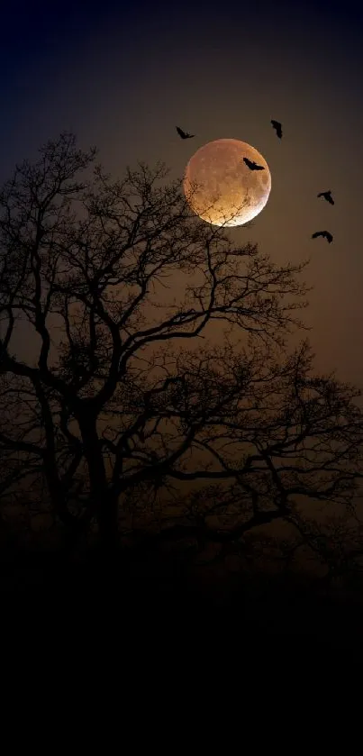 Mystical tree silhouette under full moon with birds in dark sky.