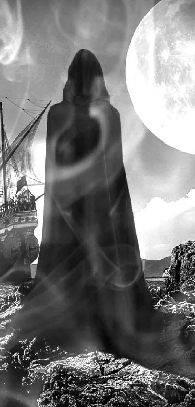 Mysterious wallpaper with cloaked figure and ship under moonlight.