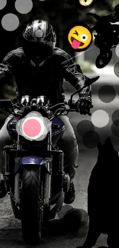 Mysterious motorcyclist on a forest road with silhouette and emoji elements.