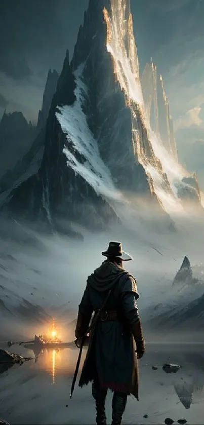 Mystic mountain with traveler and glowing light against a foggy landscape.